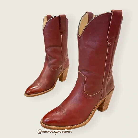 1990’s Frye Vintage Leather Pull On Red Cognac Heeled Cowboy Western Cute Bootie - Picture 5 of 13